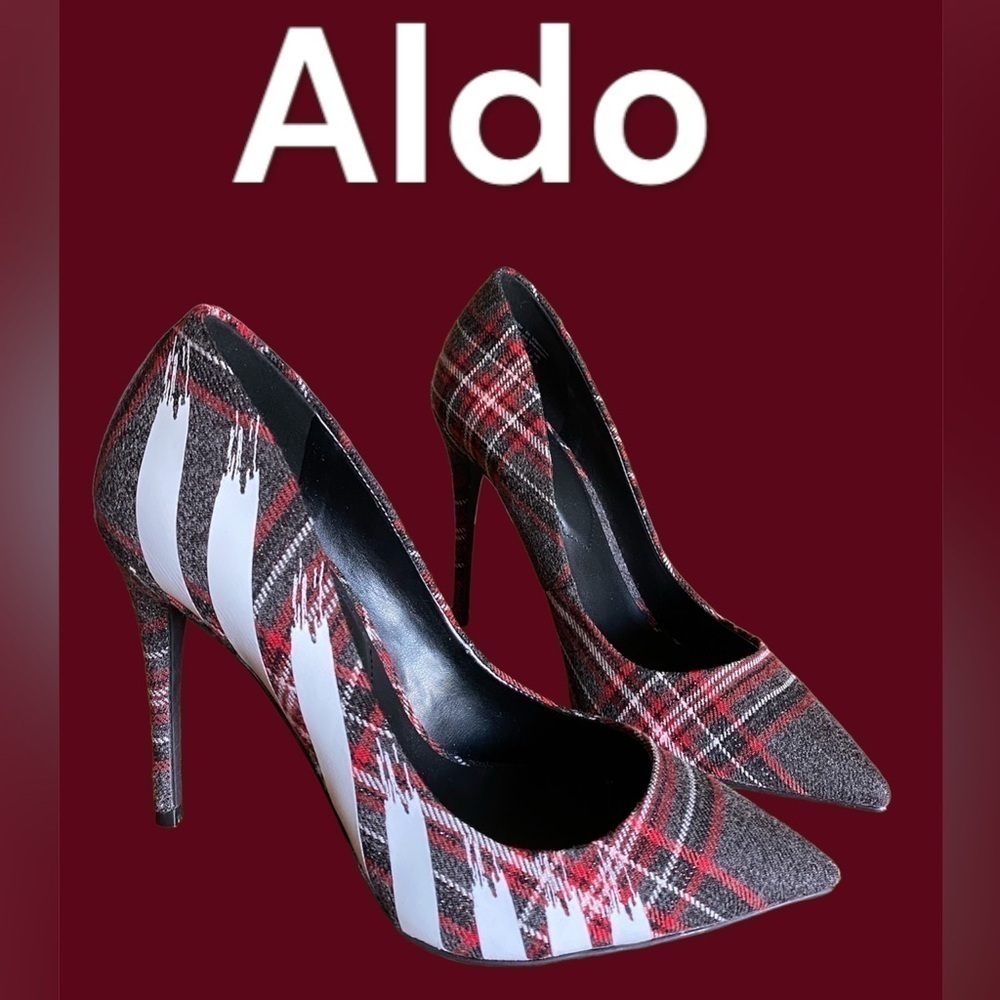 Aldo-NWT size 7 Miradollan tartan plaid w/graffiti. 4” stiletto Gorgeous! NWT